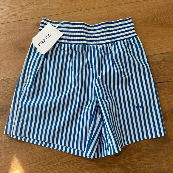 FRAME NWT Organic Cotton Women’s “boxer” shorts blue stripes with pockets - Picture 8 of 8